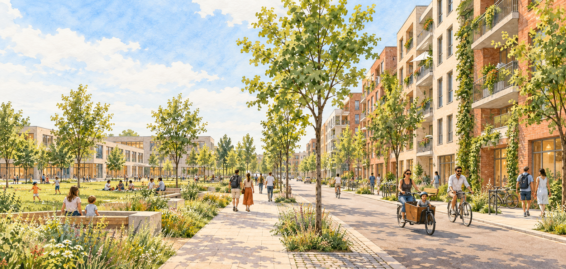 Illustration: Blick entlang einer künftigen Quartiersstraße nahe Jaffestraße, mit Wohnhäusern, Radfahrenden, Parkrand und niedrigem Campus