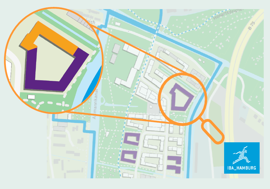 Lageplan des Elbinselquartiers: Das Grundstück des Inselkiez ist mit einer Lupe hervorgehoben (Grafik: IBA Hamburg)