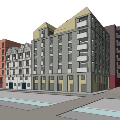 3D-Ansicht des Inselkiez von einer Straßenecke