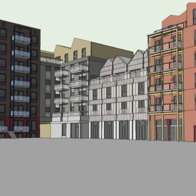 3D-Straßenansicht des Inselkiez: Stadthäuser zwischen höheren Gebäuden