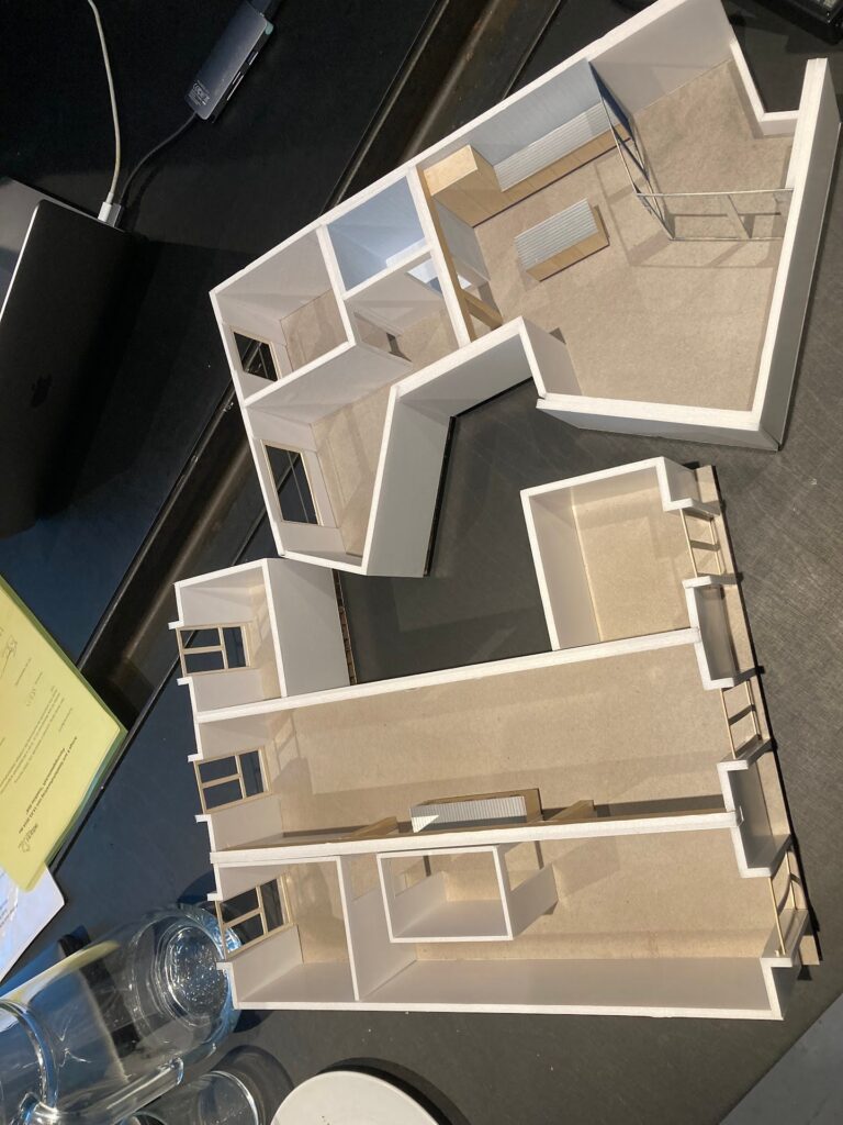 Architekturmodell des Inselkiez mit Wohnungsgrundrissen von oben