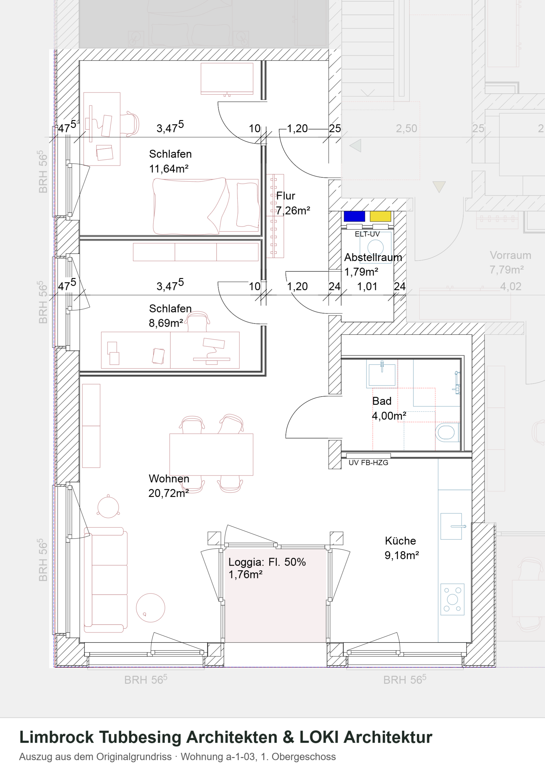 Grundriss der 2,5-Zimmer-Wohnung in Wilhelmsburg, a-1-03, 1. Obergeschoss – Auszug aus dem Originalgrundriss, andere Wohnungen ausgegraut