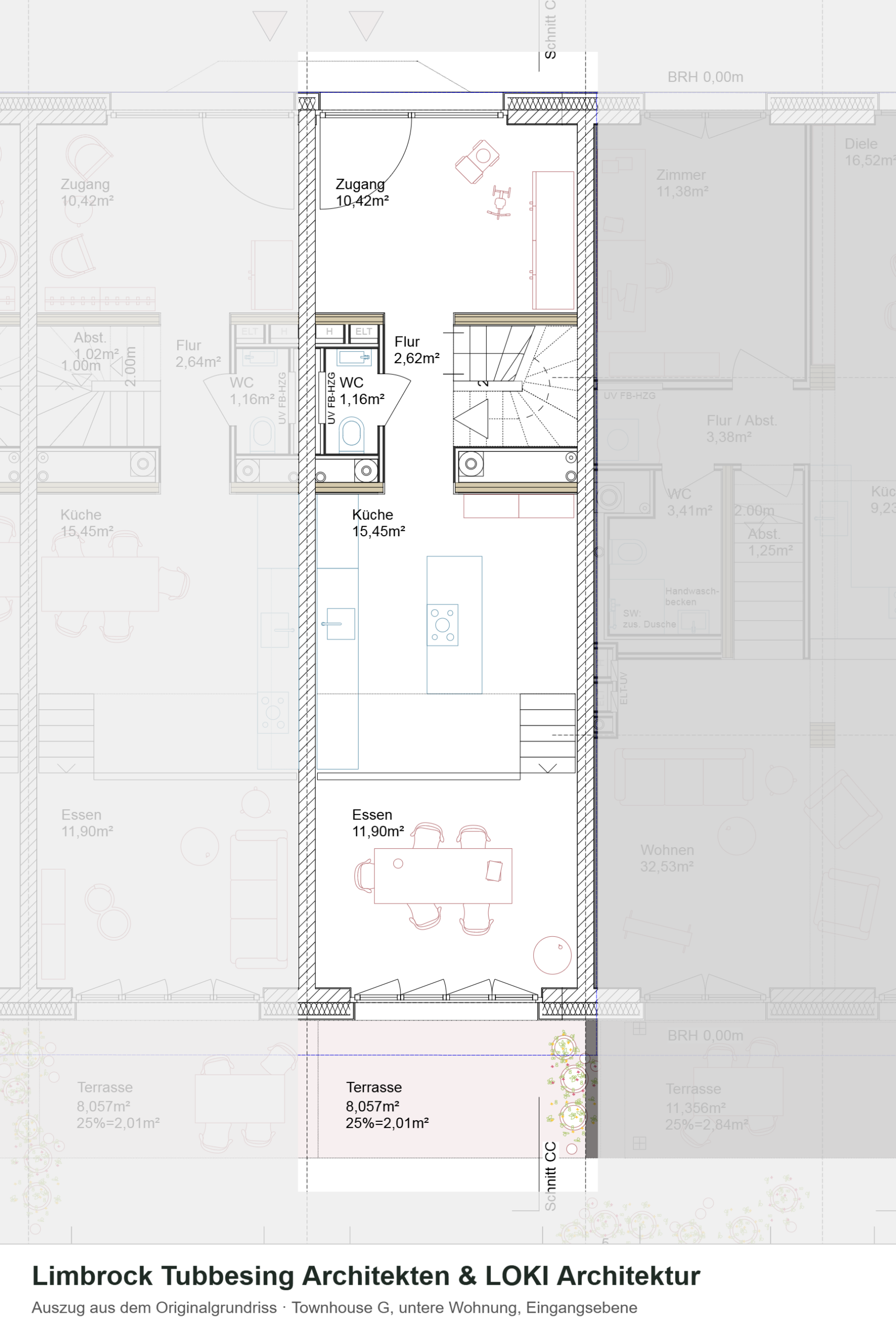 Grundriss der 4-Zimmer-Maisonette in Wilhelmsburg, Townhouse g, untere Wohnung, Eingangsebene – Auszug aus dem Originalgrundriss, Nachbarhäuser ausgegraut