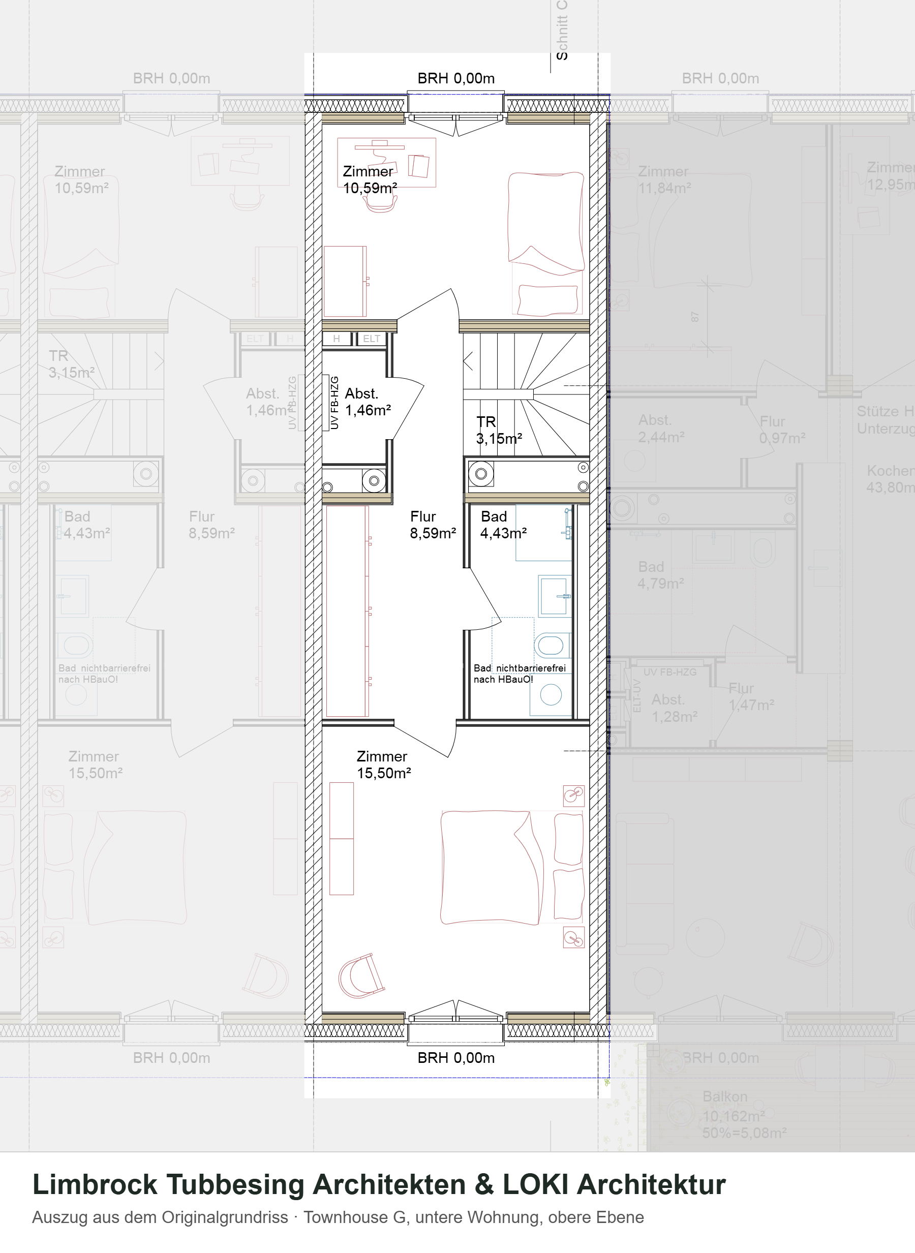 Grundriss Townhouse g, untere Wohnung, obere Ebene – Auszug aus dem Originalgrundriss, Nachbarhäuser ausgegraut