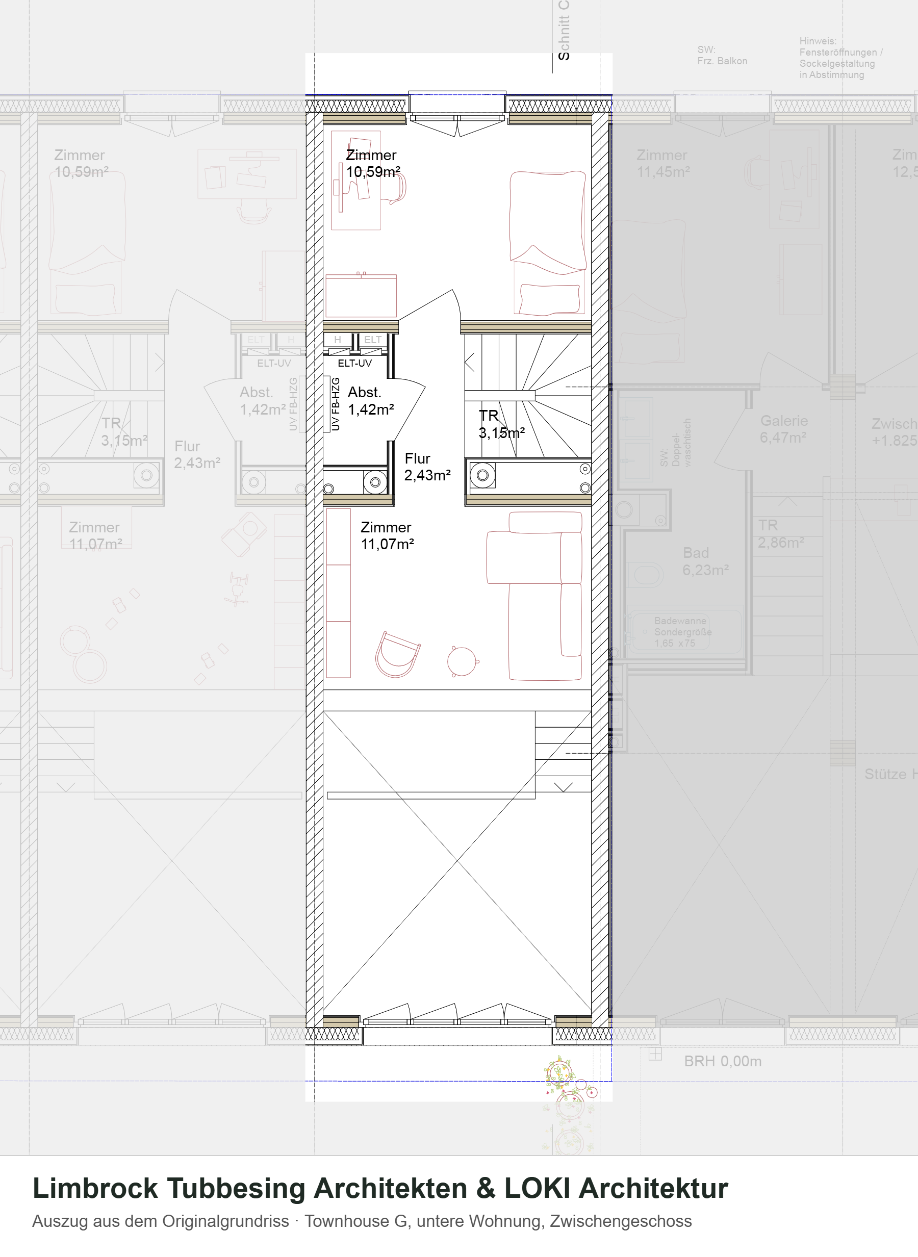 Grundriss Townhouse g, untere Wohnung, Zwischengeschoss – Auszug aus dem Originalgrundriss, Nachbarhäuser ausgegraut