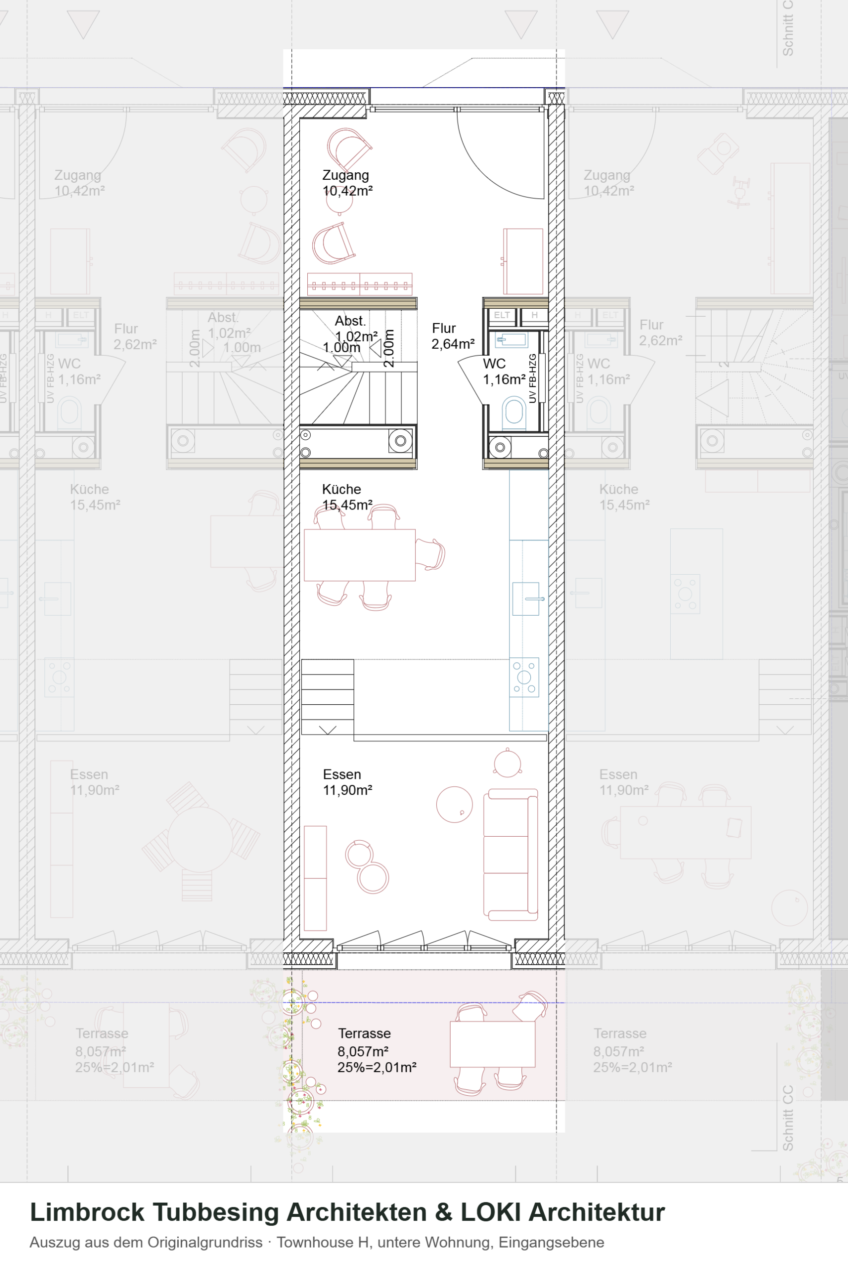 Grundriss der 4-Zimmer-Maisonette in Wilhelmsburg, Townhouse h, untere Wohnung, Eingangsebene – Auszug aus dem Originalgrundriss, Nachbarhäuser ausgegraut