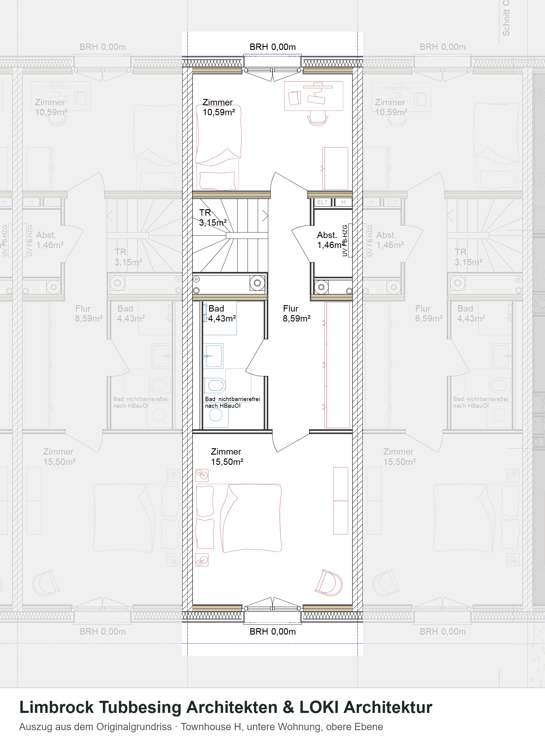 Grundriss Townhouse h, untere Wohnung, obere Ebene – Auszug aus dem Originalgrundriss, Nachbarhäuser ausgegraut