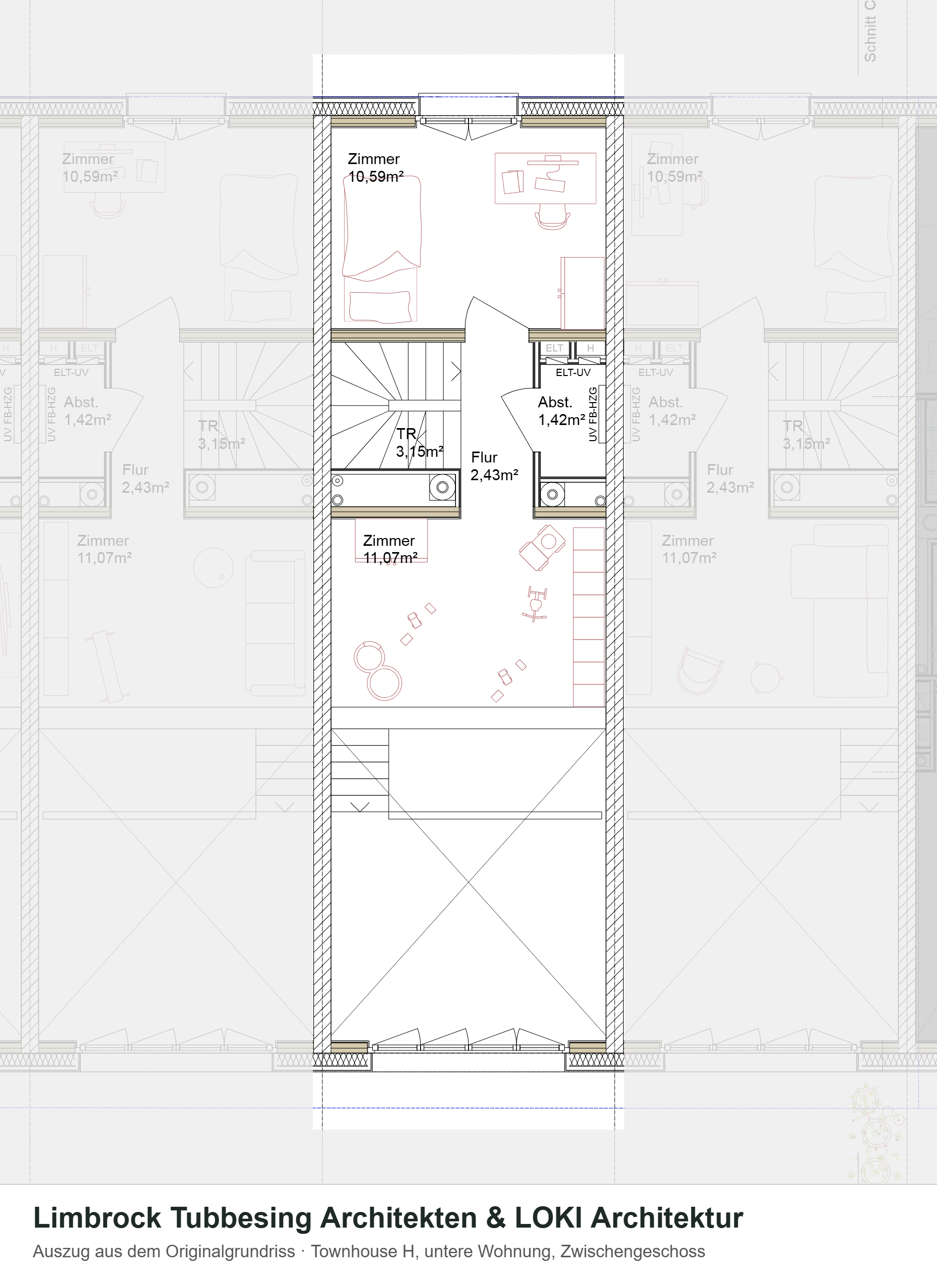 Grundriss Townhouse h, untere Wohnung, Zwischengeschoss – Auszug aus dem Originalgrundriss, Nachbarhäuser ausgegraut