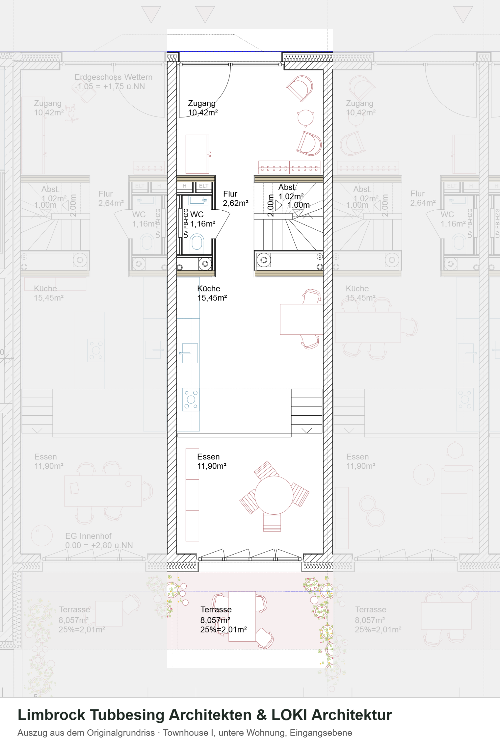 Grundriss der 4-Zimmer-Maisonette in Wilhelmsburg, Townhouse i, untere Wohnung, Eingangsebene – Auszug aus dem Originalgrundriss, Nachbarhäuser ausgegraut