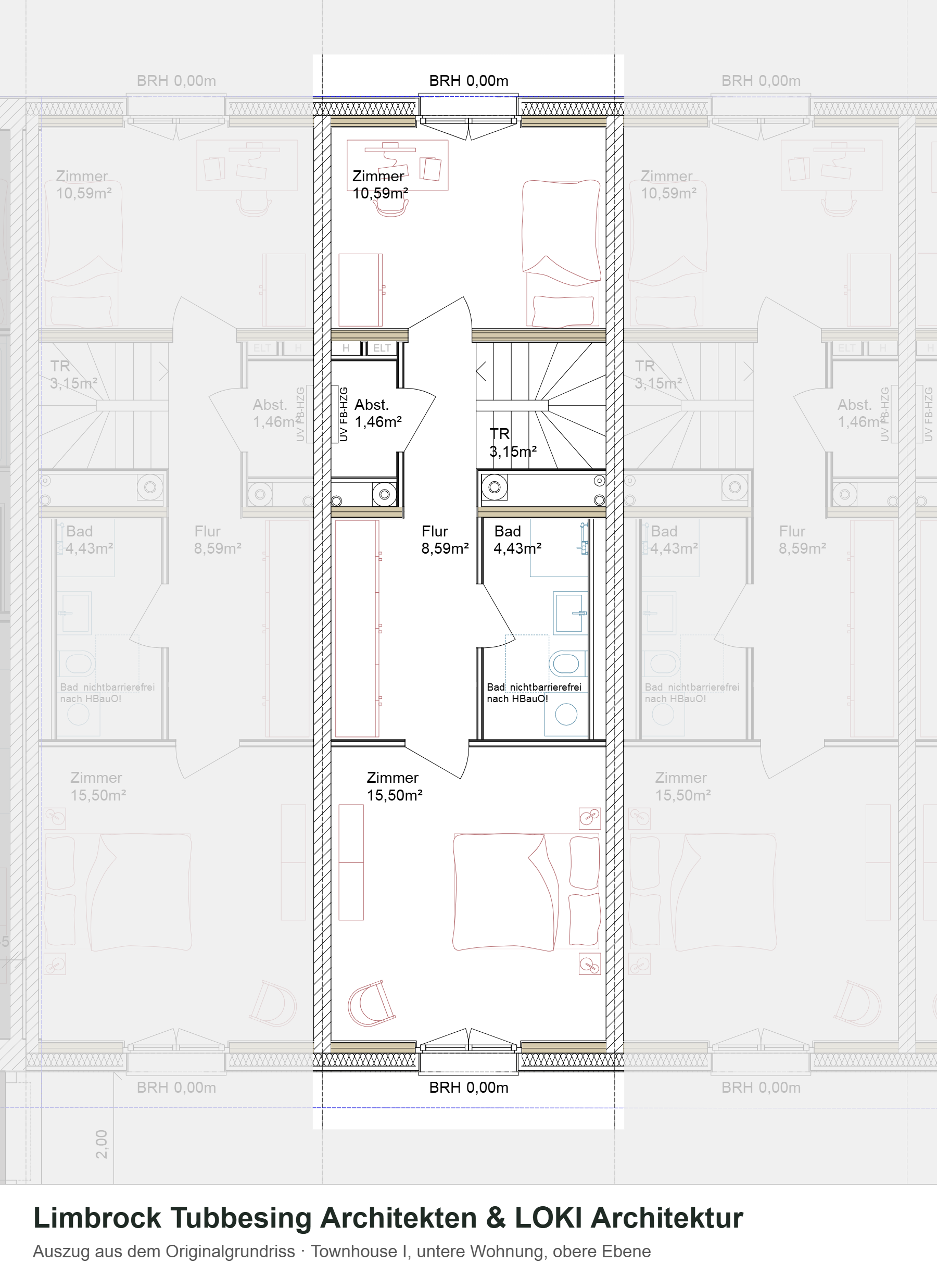 Grundriss Townhouse i, untere Wohnung, obere Ebene – Auszug aus dem Originalgrundriss, Nachbarhäuser ausgegraut