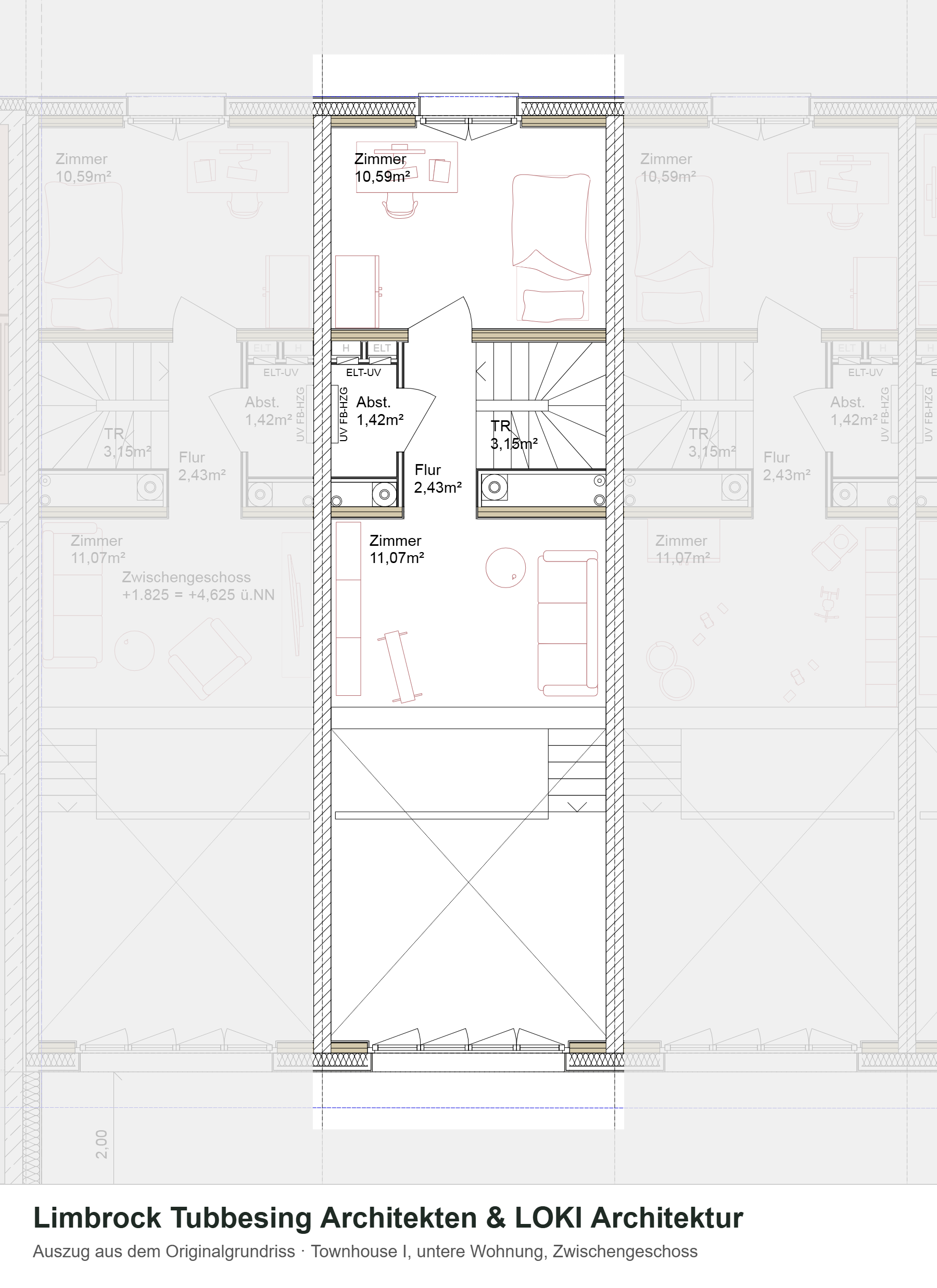Grundriss Townhouse i, untere Wohnung, Zwischengeschoss – Auszug aus dem Originalgrundriss, Nachbarhäuser ausgegraut