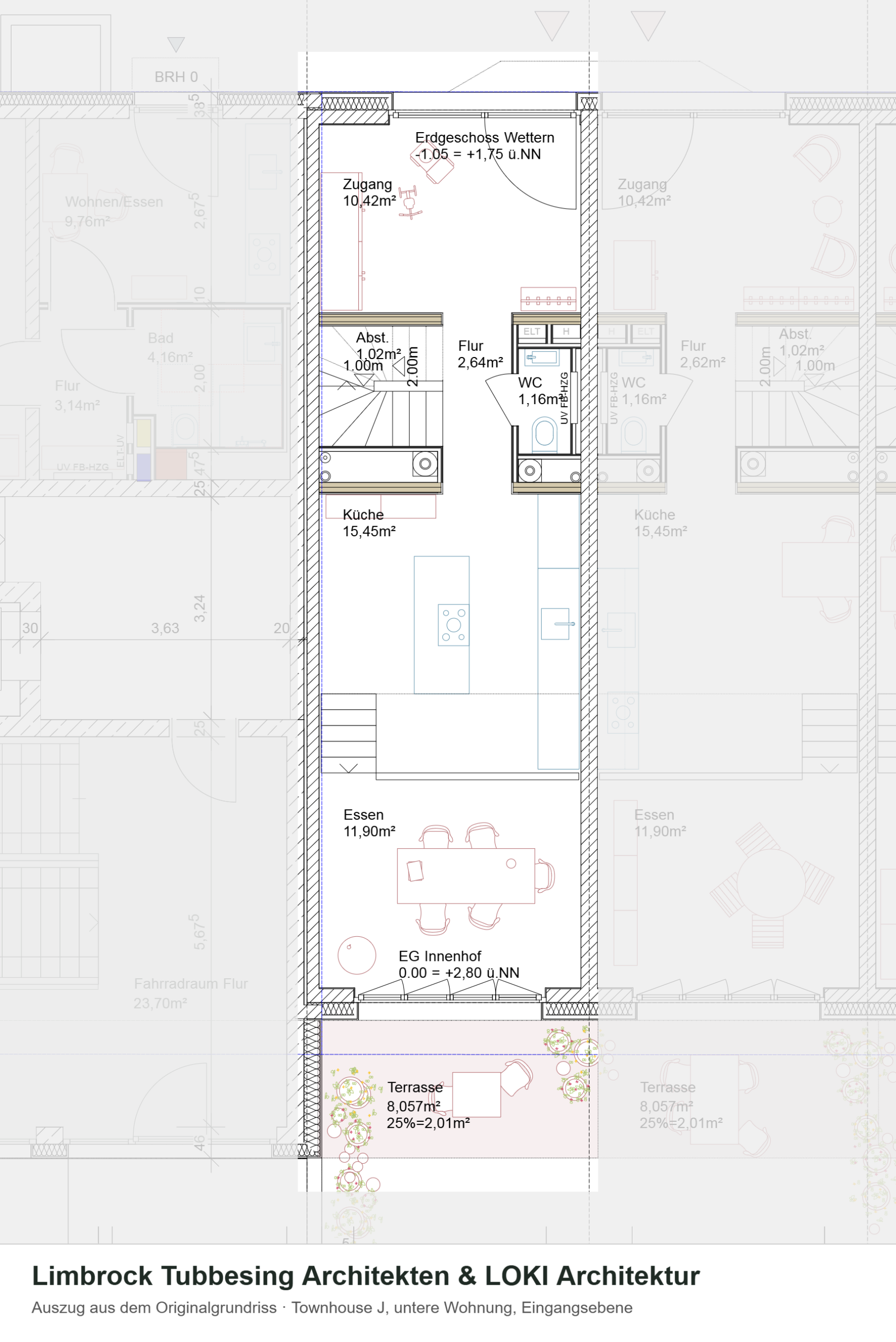 Grundriss der 4-Zimmer-Maisonette in Wilhelmsburg, Townhouse j, untere Wohnung, Eingangsebene – Auszug aus dem Originalgrundriss, Nachbarhäuser ausgegraut