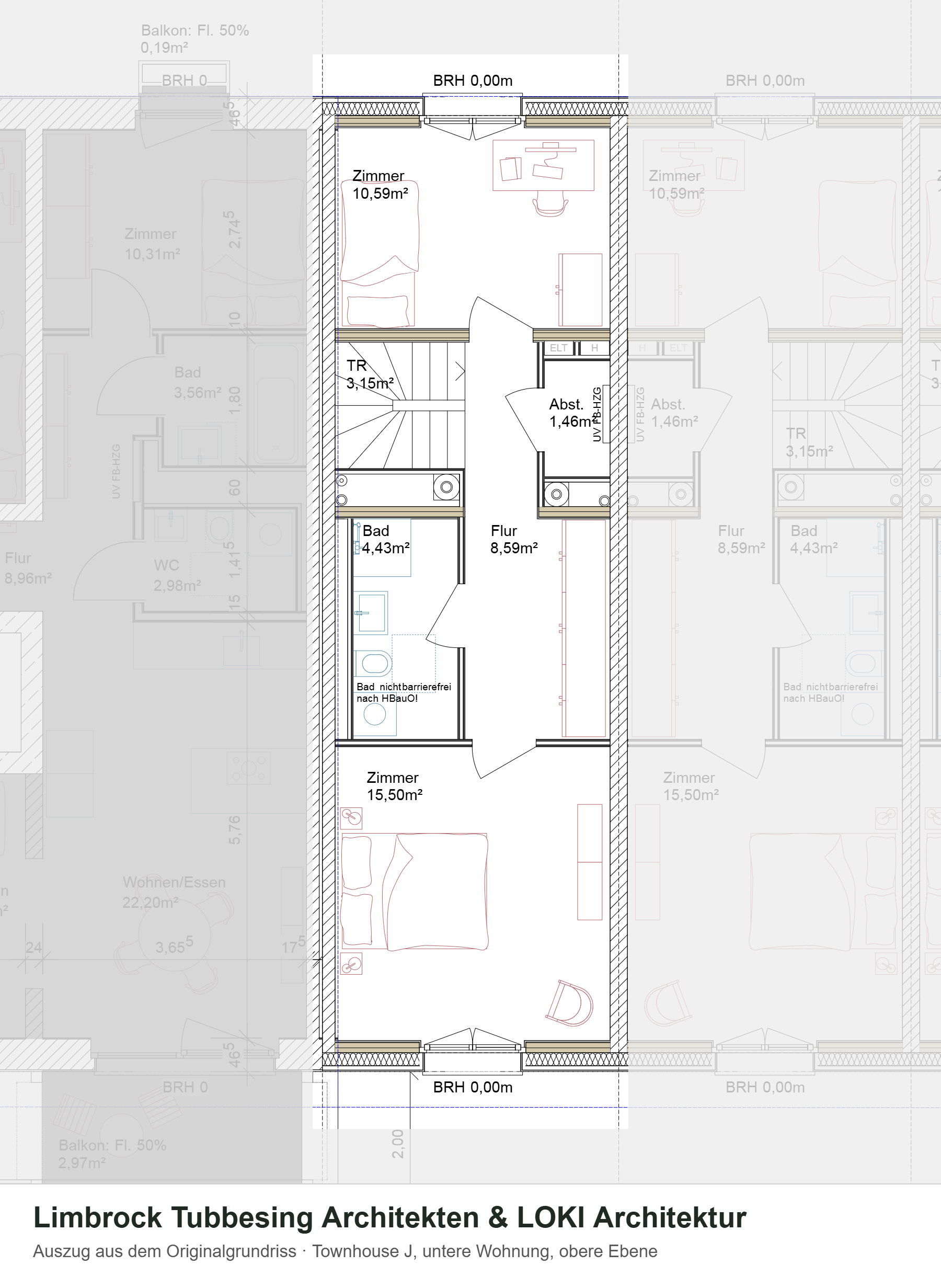 Grundriss Townhouse j, untere Wohnung, obere Ebene – Auszug aus dem Originalgrundriss, Nachbarhäuser ausgegraut