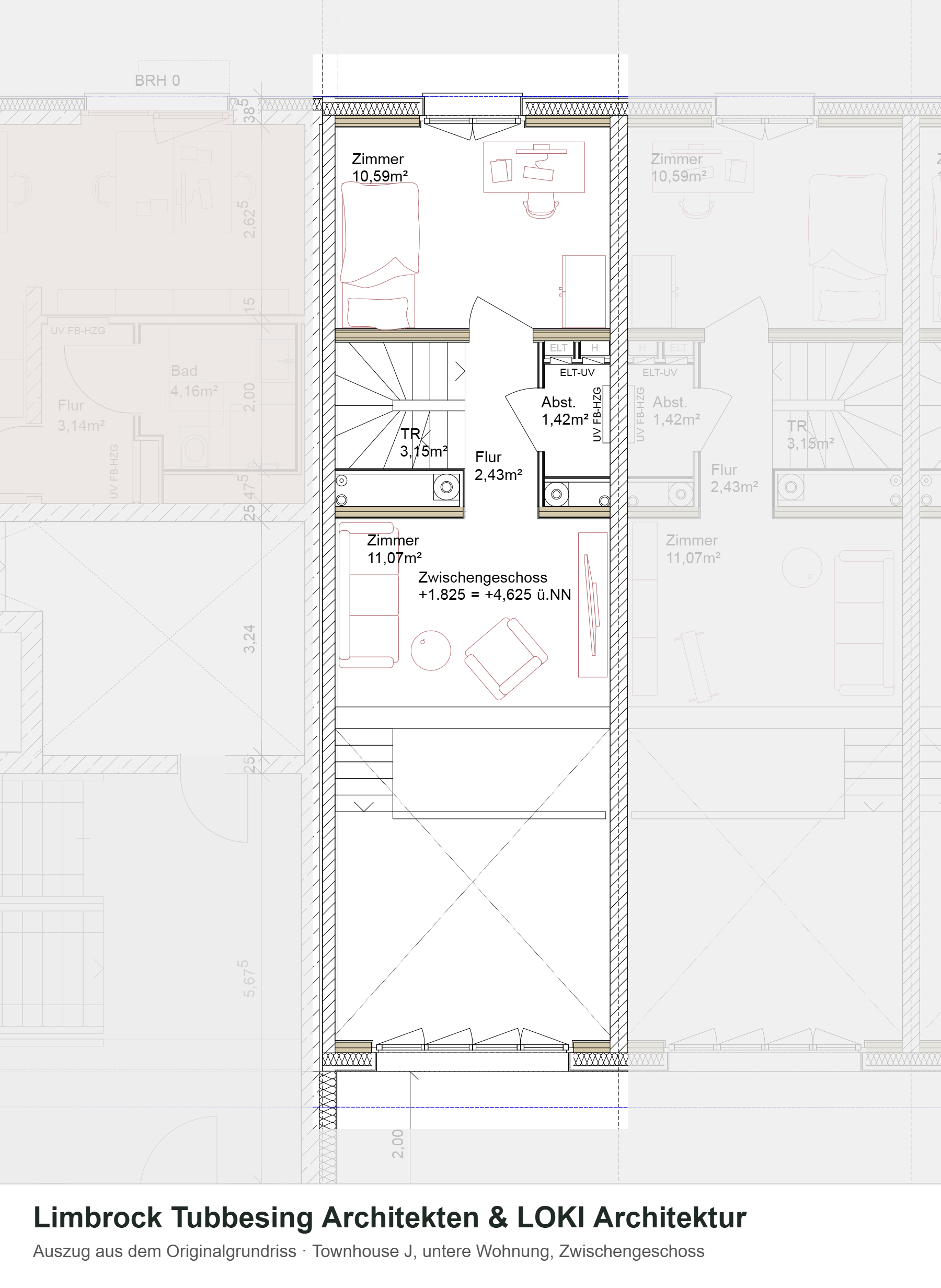Grundriss Townhouse j, untere Wohnung, Zwischengeschoss – Auszug aus dem Originalgrundriss, Nachbarhäuser ausgegraut