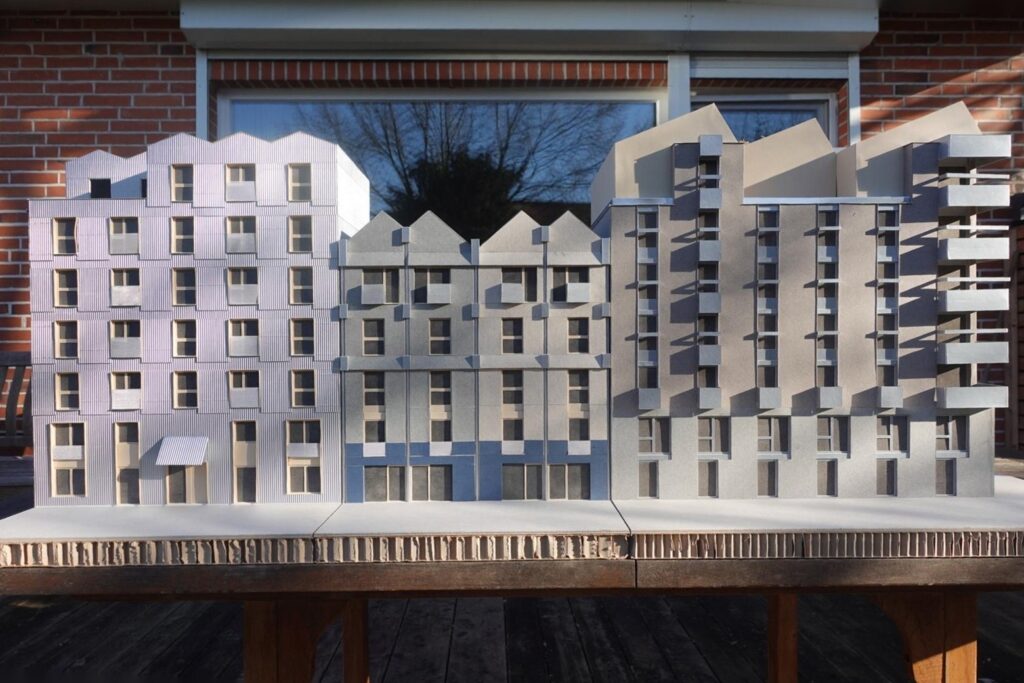 Foto des Architekturmodells: Straßenfassade der Häuser F, G–J und K an der Wettern